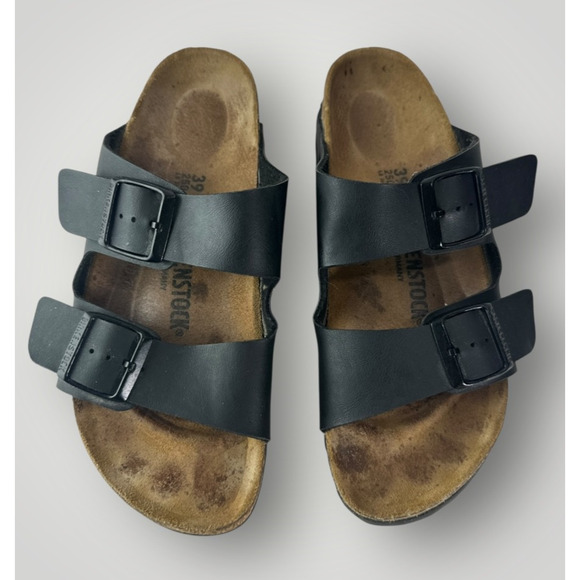Birkenstock Shoes - Birkenstock Arizona Slide Sandals 2 Strap Buckle Men's 6 Women's 8 Black Leather